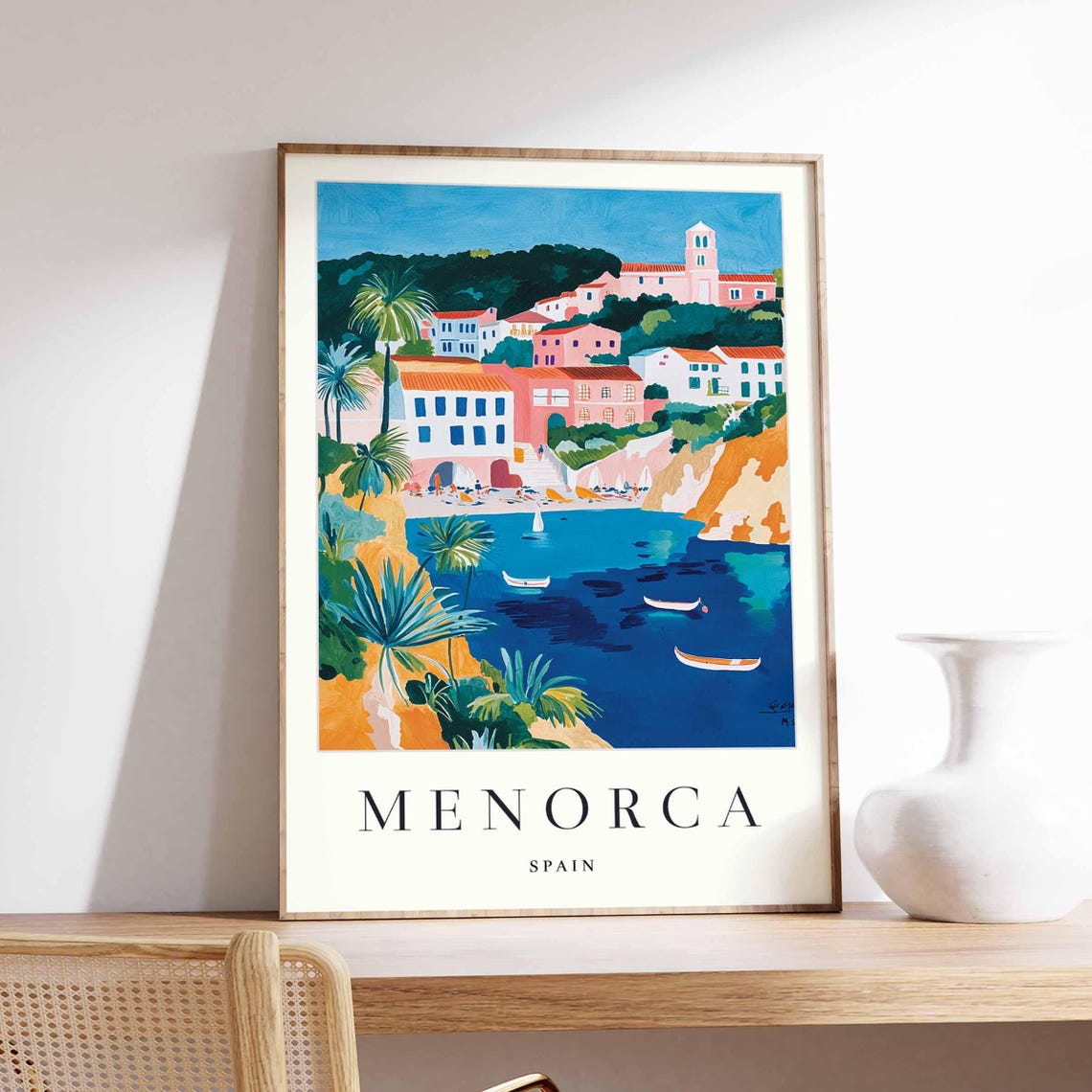 Menorca Spain Beach Boats Cliffs Bay Holiday Scene Art Poster