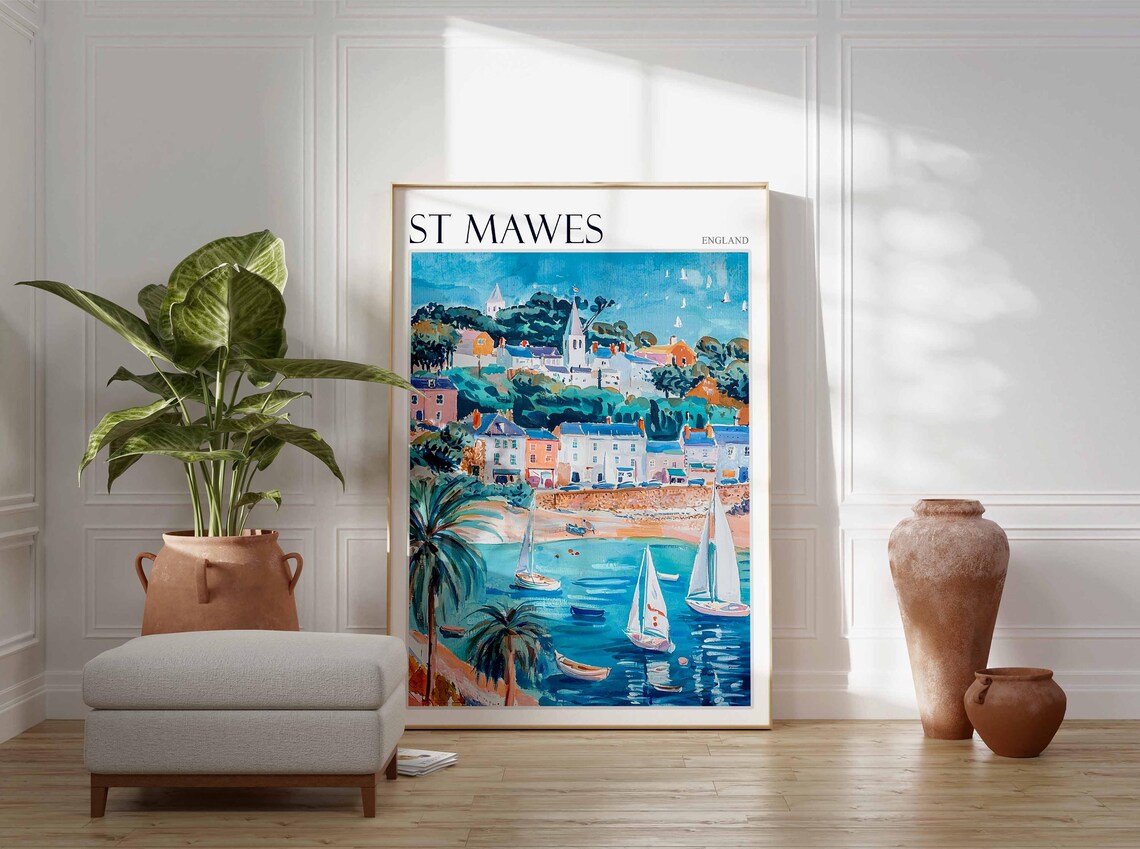 St Mawes England Charming Harbor Sailboats and Hillside Town View Poster - Image 2