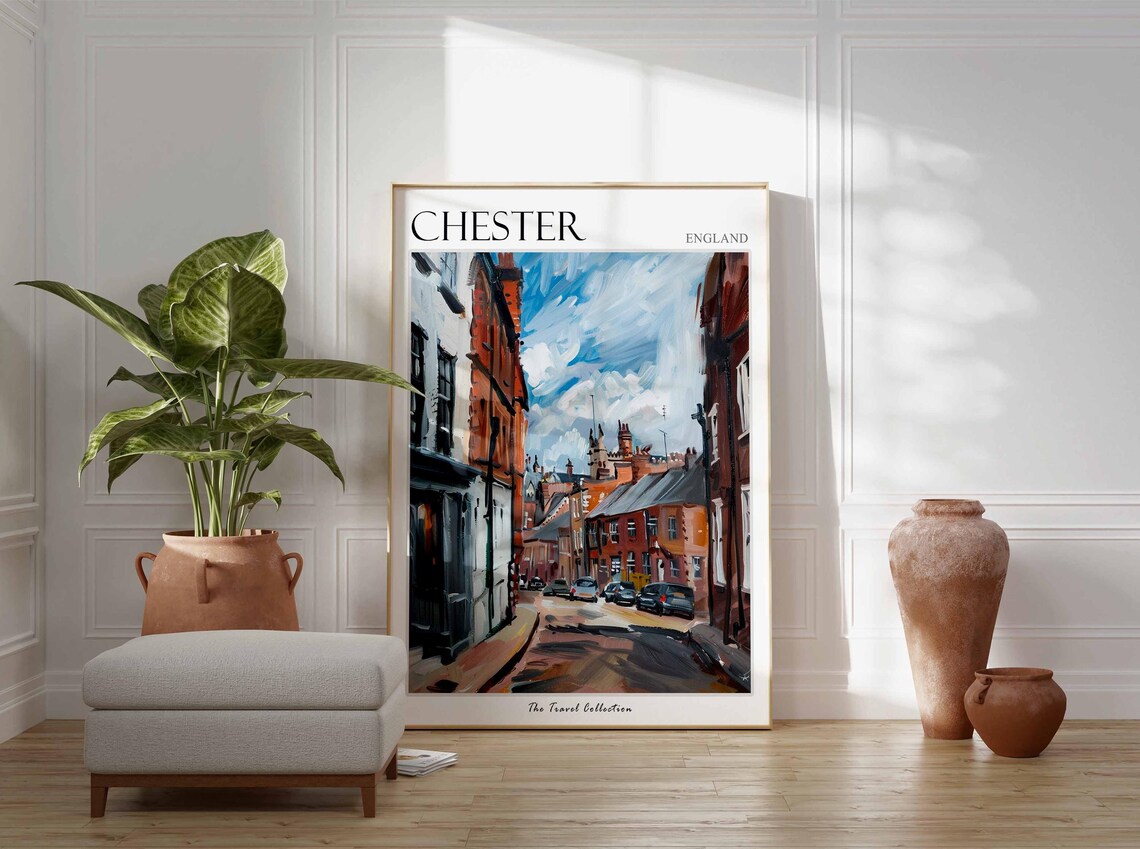 Chester England Painterly Historic Red Brick Street Scene Art Poster - Image 2