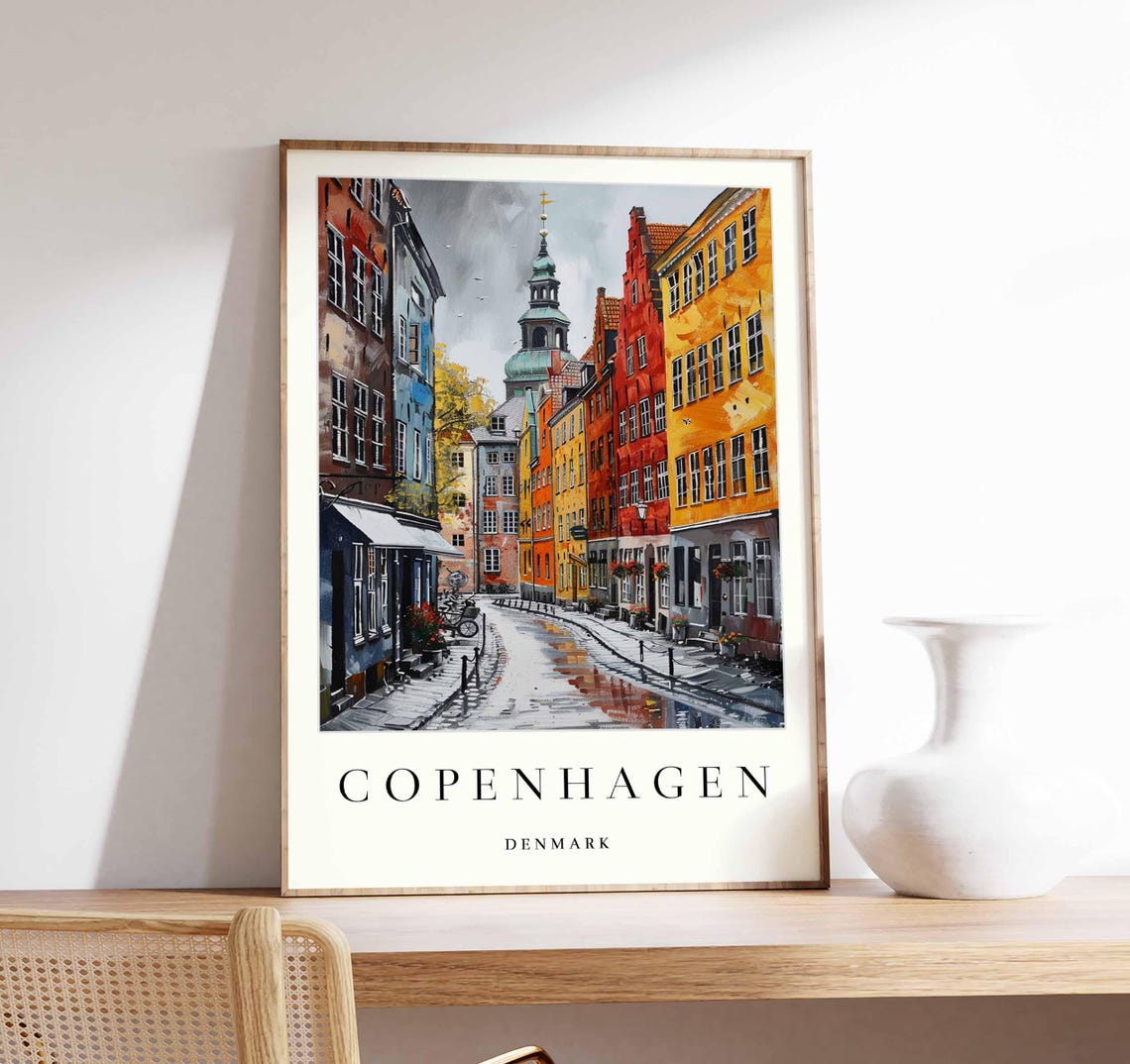 Copenhagen Rainy Cobblestone Street Watercolor Old Town Poster