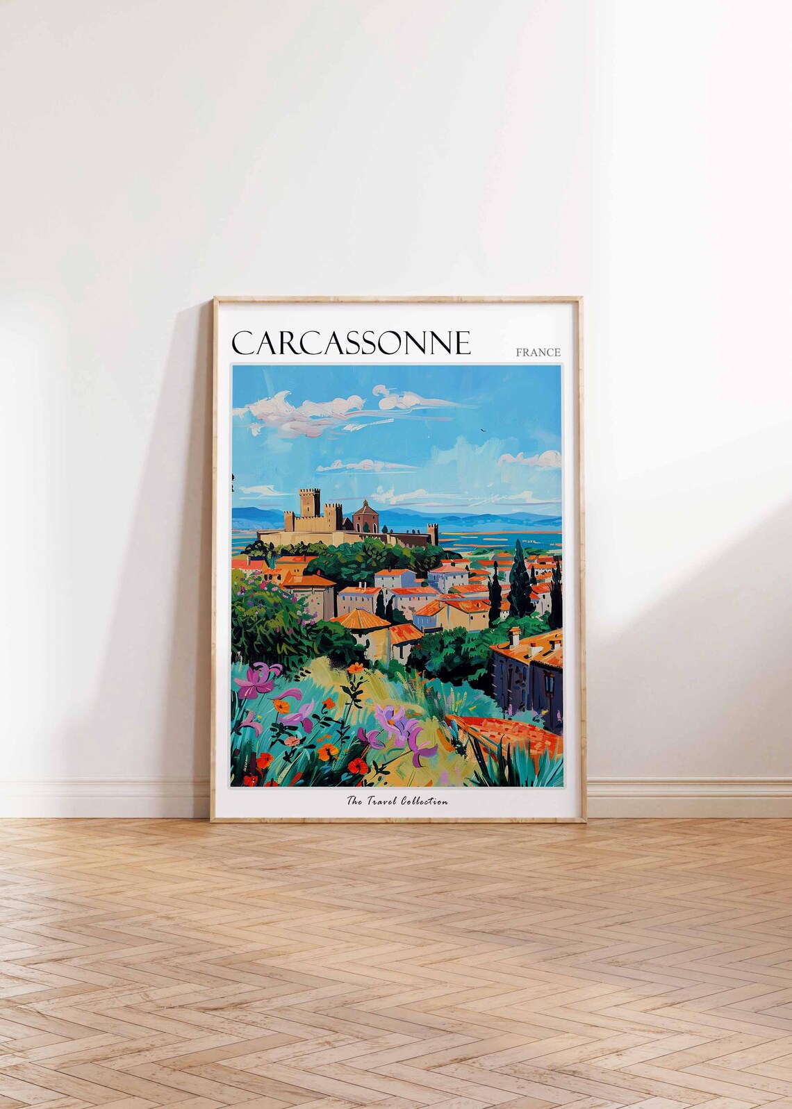 Carcassonne France Castle Hill Wildflowers Town Painted Travel Poster - Image 2