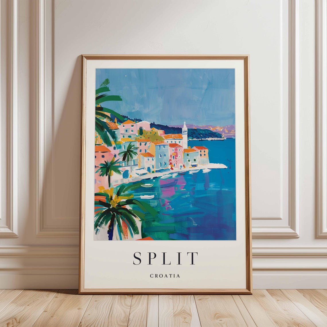 Split Croatia Palm Tree Waterfront Bay with Old Town and Harbor Poster - Image 3