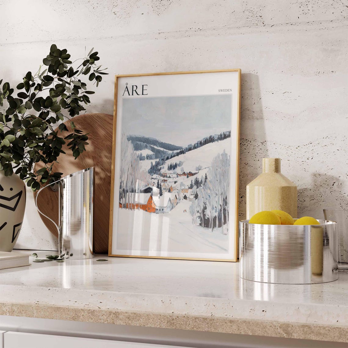 Are Sweden Quiet Snow Valley Birch Trees Red Cabin Winter Poster - Image 2