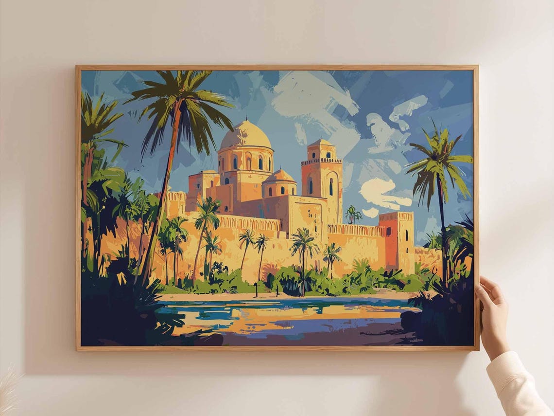 Baghdad Iraq Travel Poster of Historic Citadel with Palms by Water