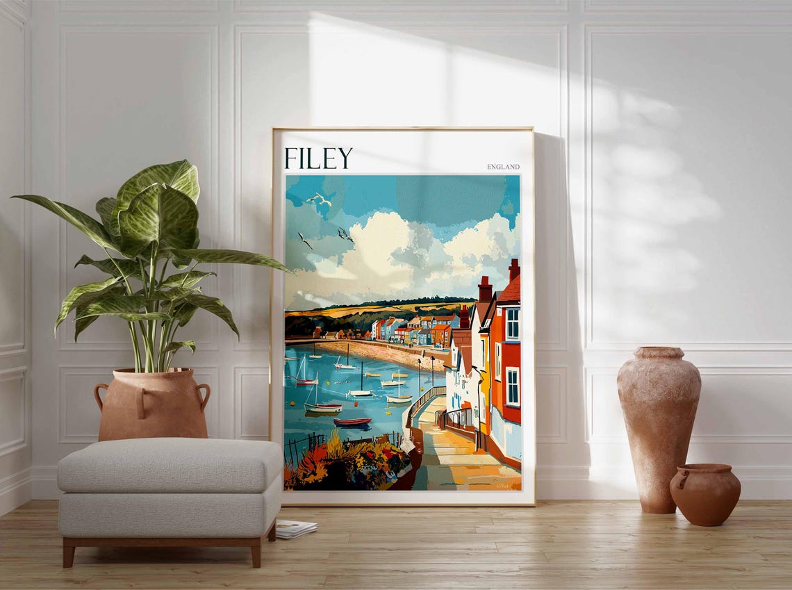 Filey England Sailboat Harbor Cottages Dramatic Clouds Graphic Poster - Image 3