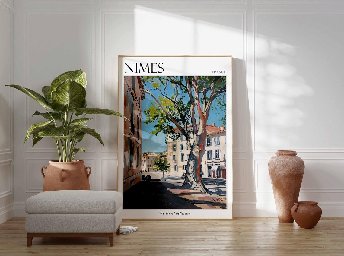 Nimes France Old Town Square With Ancient Plane Tree Scene Poster - Image 3