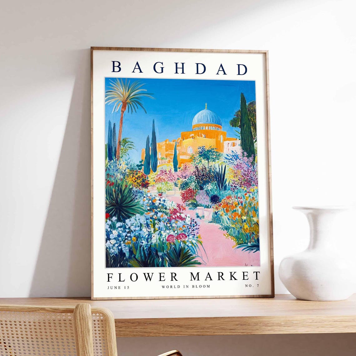 Baghdad Golden Mosque Blue Dome Pink Path Garden Flower Market Poster