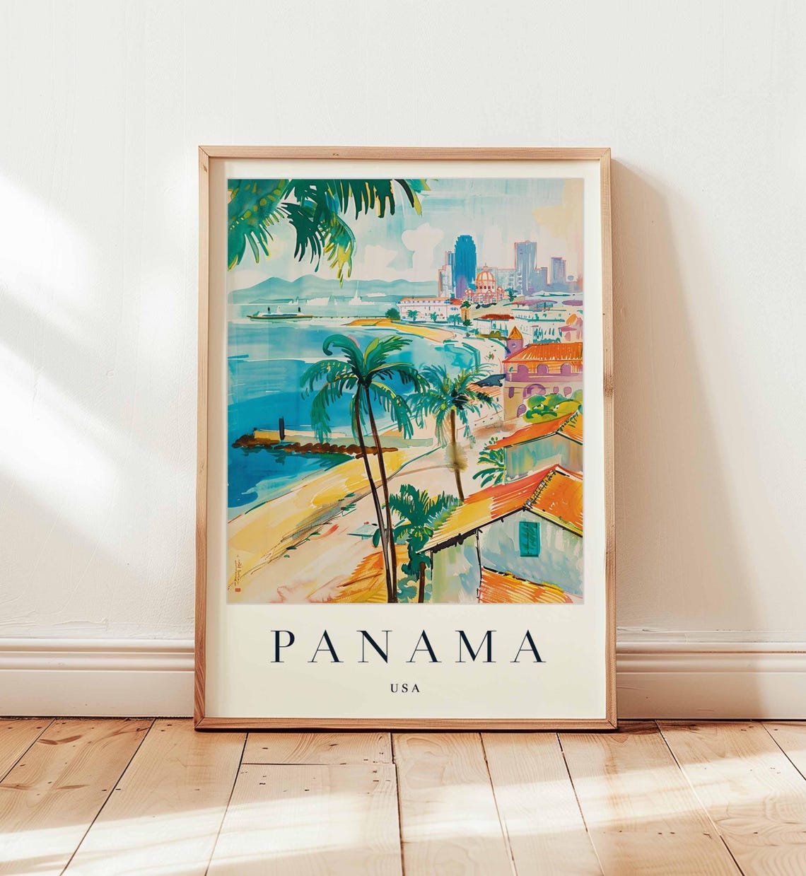 Panama USA Tropical Bay Watercolor Beach Palms Travel Poster