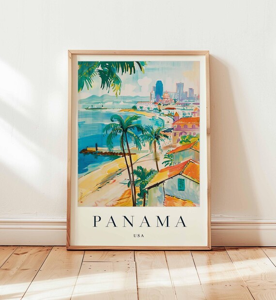 Panama USA Tropical Bay Watercolor Beach Palms Travel Poster