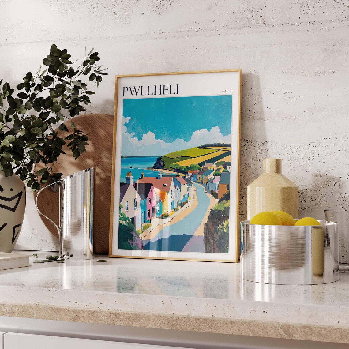 Pwllheli Wales Curved Street Pastel Cottages Golden Fields Sea Poster - Image 3