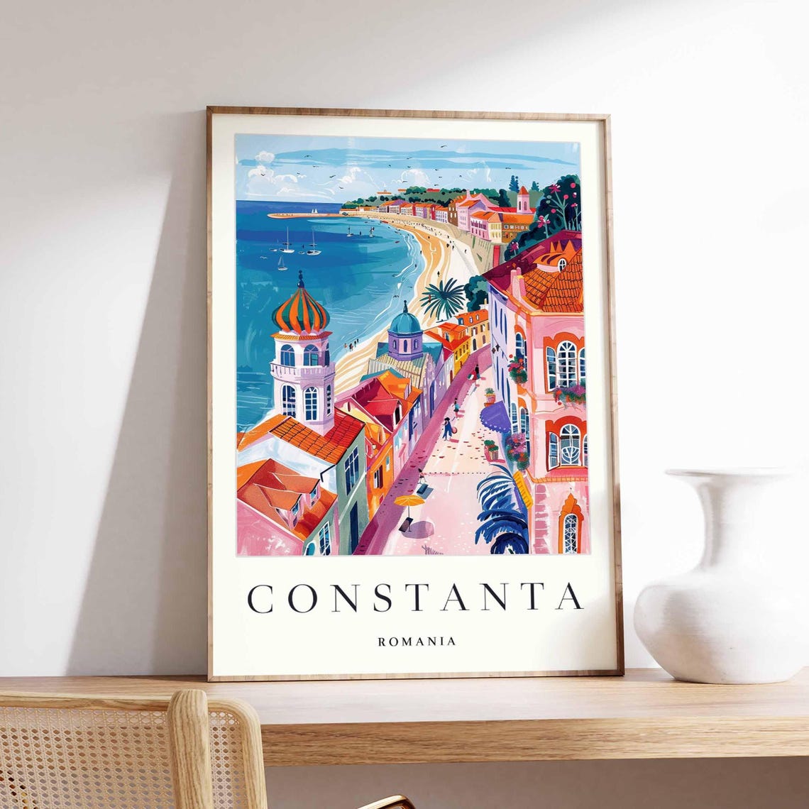 Constanta Romania Beach Promenade Colorful Illustration Poster