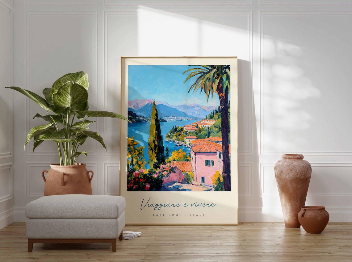Lake Como Italy Lakeside Path Palm Cypress Pink House Poster - Image 3