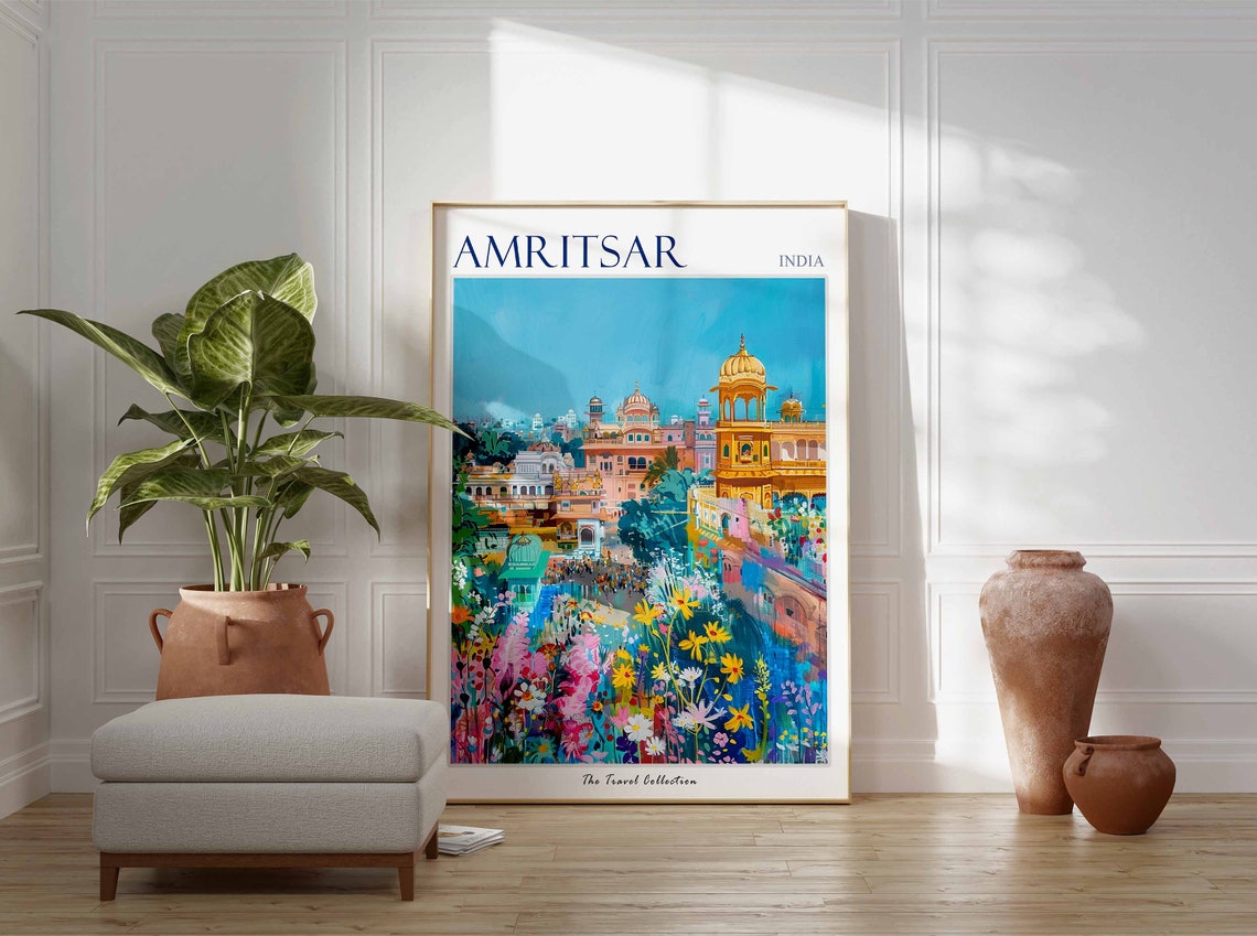 Amritsar Golden Temple Flower Crowds India Travel Wall Poster - Image 2