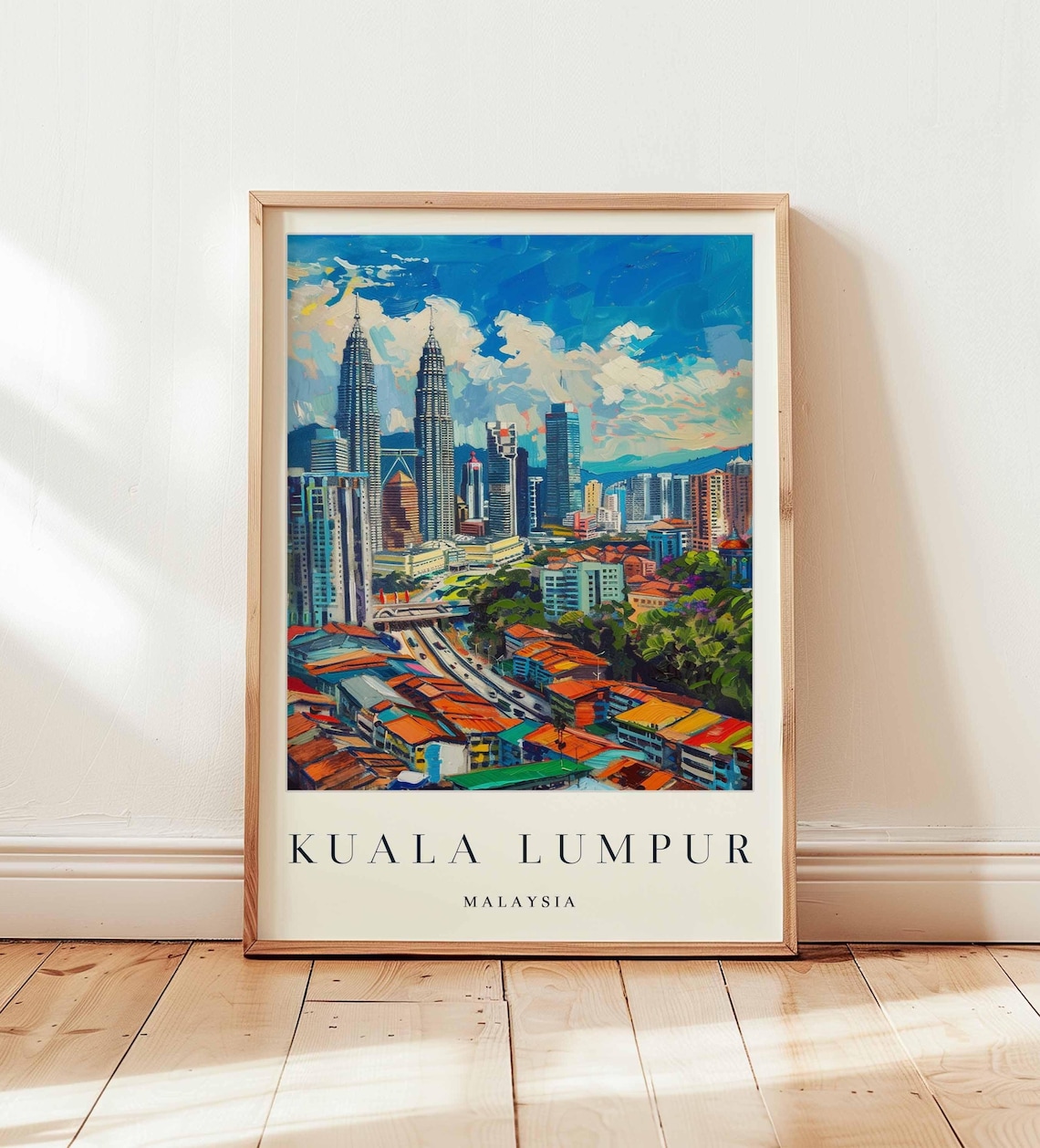 Kuala Lumpur Malaysia Travel Poster Petronas Towers Red Rooftop Old Town