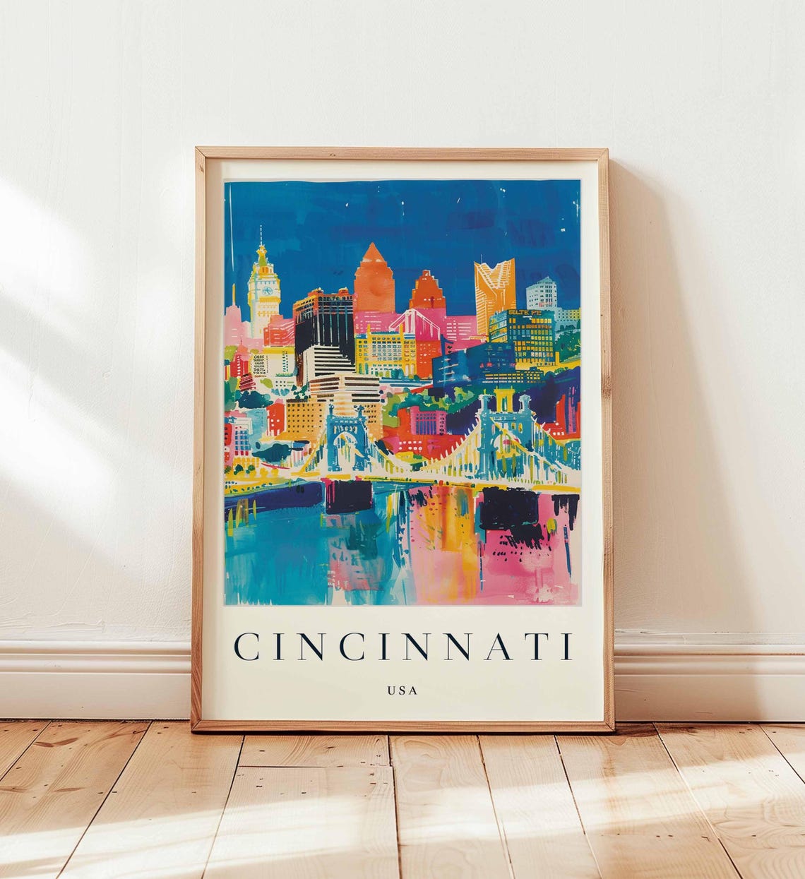 Cincinnati USA Night Skyline Neon Bridge River Reflection Poster