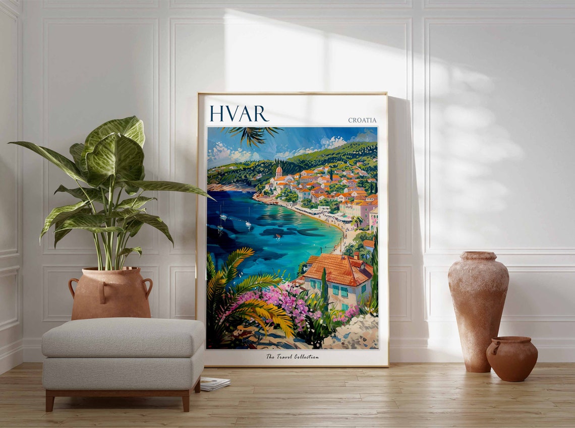 Hvar Croatia Harbor Town Turquoise Bay Boats Palm Trees Poster - Image 2