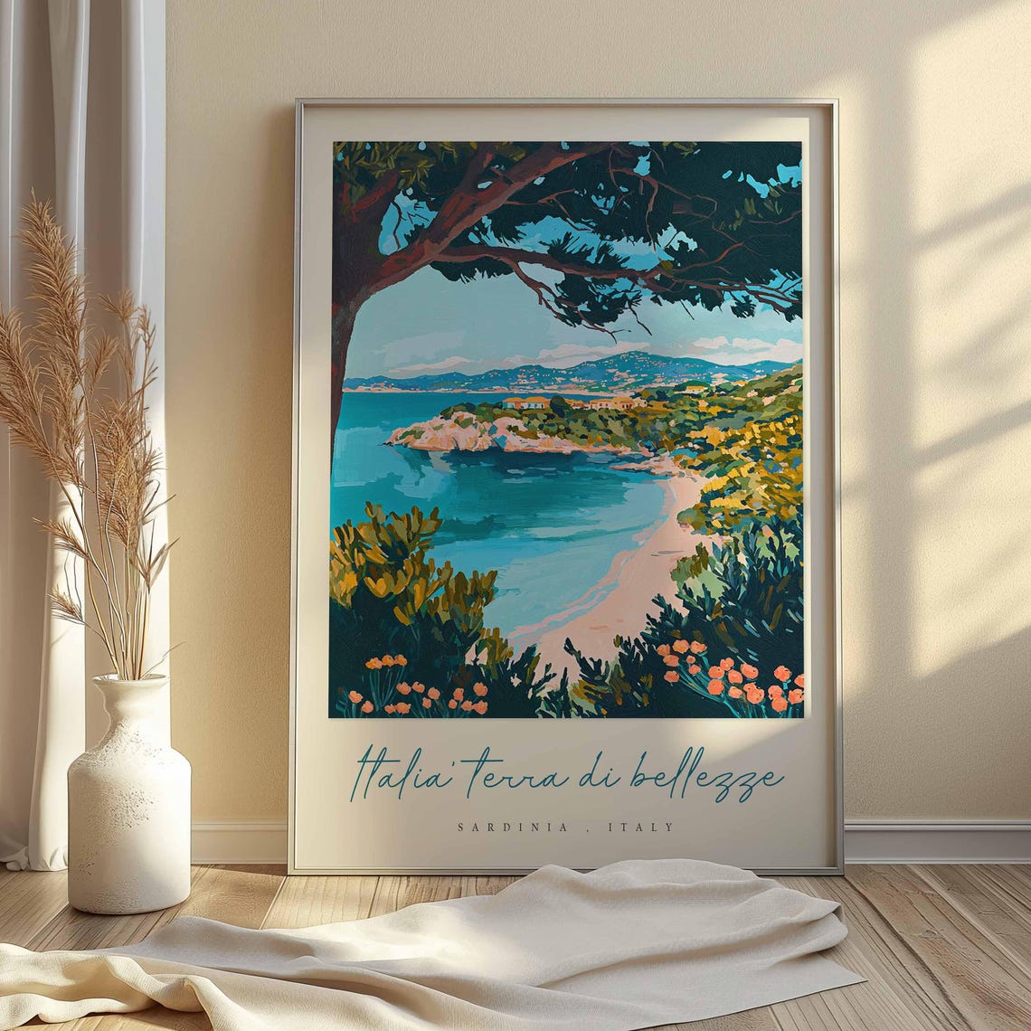Sardinia Italy Sandy Cove Beach Framed By Pines Retro Travel Poster - Image 2