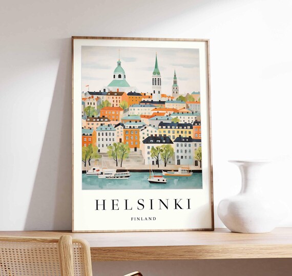 Helsinki Finland Old Town Waterfront Poster Cathedral and Moored Boats
