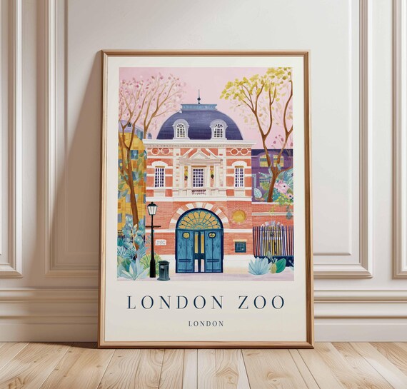 London Zoo Vintage Travel Poster Brick Entrance Under Pink Sky