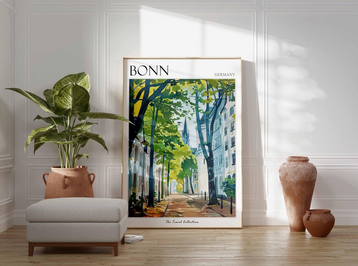 Bonn Germany Tree Lined Historic Street Watercolor Travel Poster - Image 3