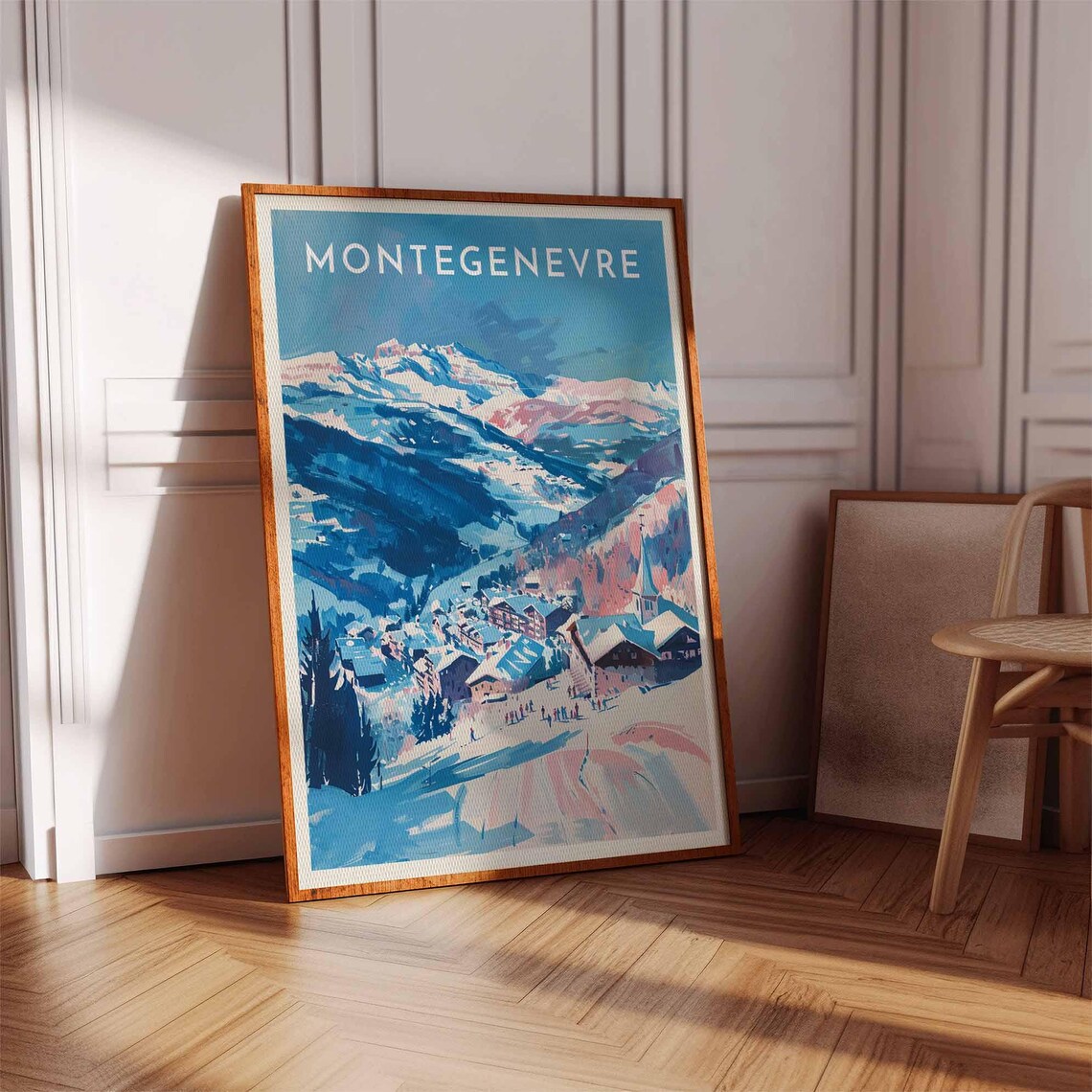 Montgenevre France Painterly Pink Blue Village Church Skiers Ski Poster - Image 3