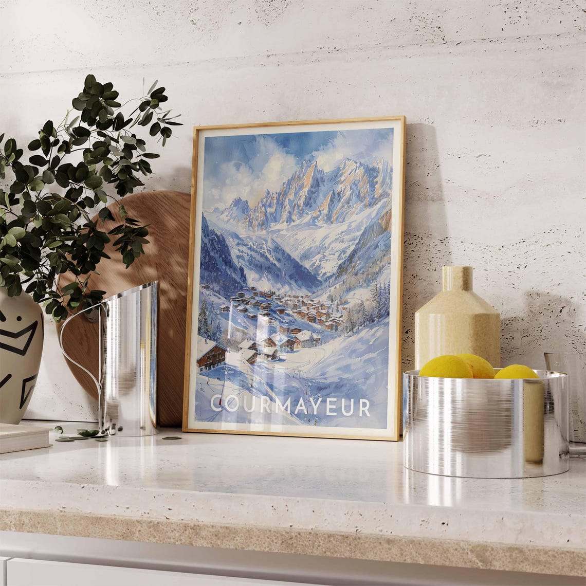 Courmayeur Italy Ski Village Snowy Mountains Watercolor Travel Poster - Image 2