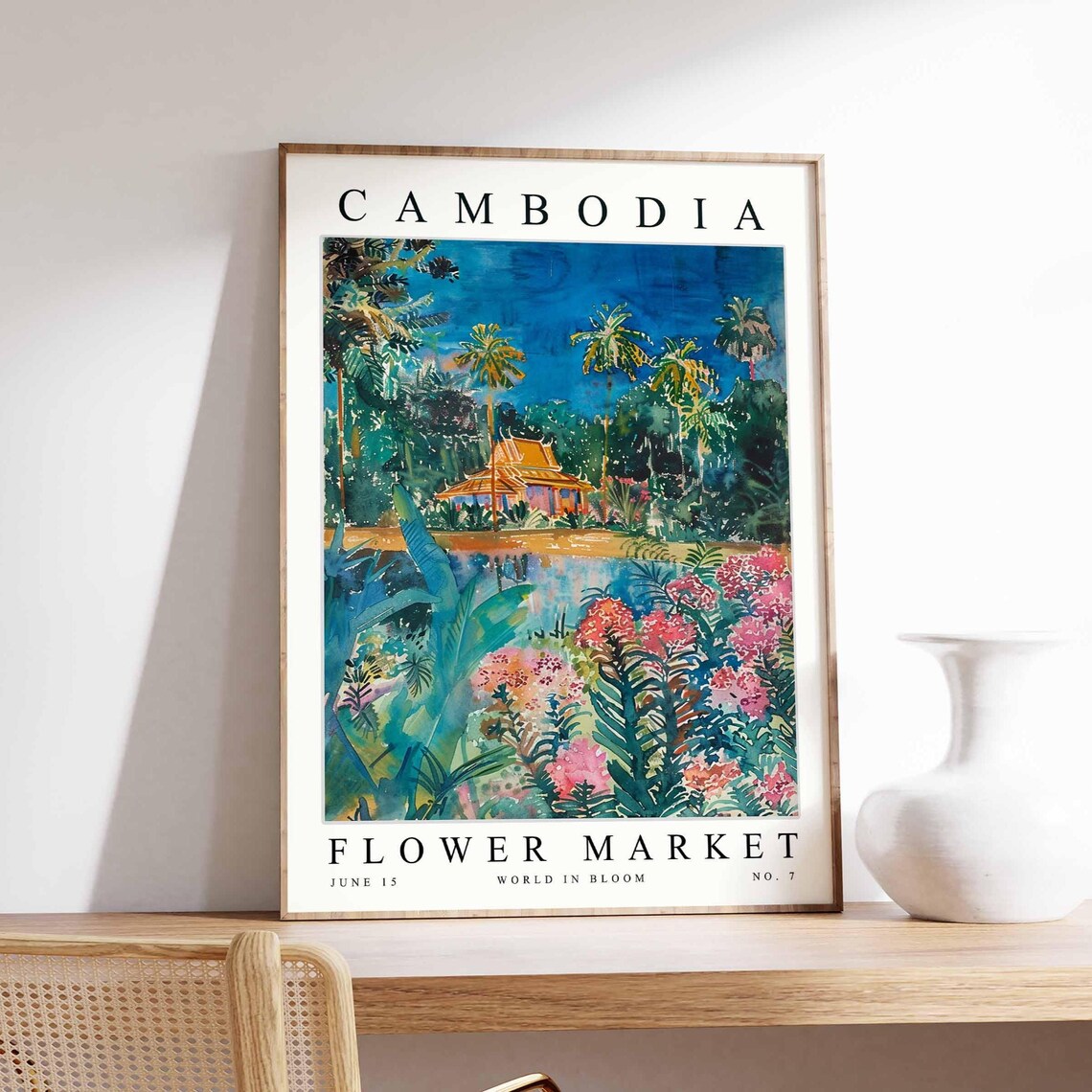 Cambodia Flower Market Golden Lakeside Pavilion Watercolor Art Poster