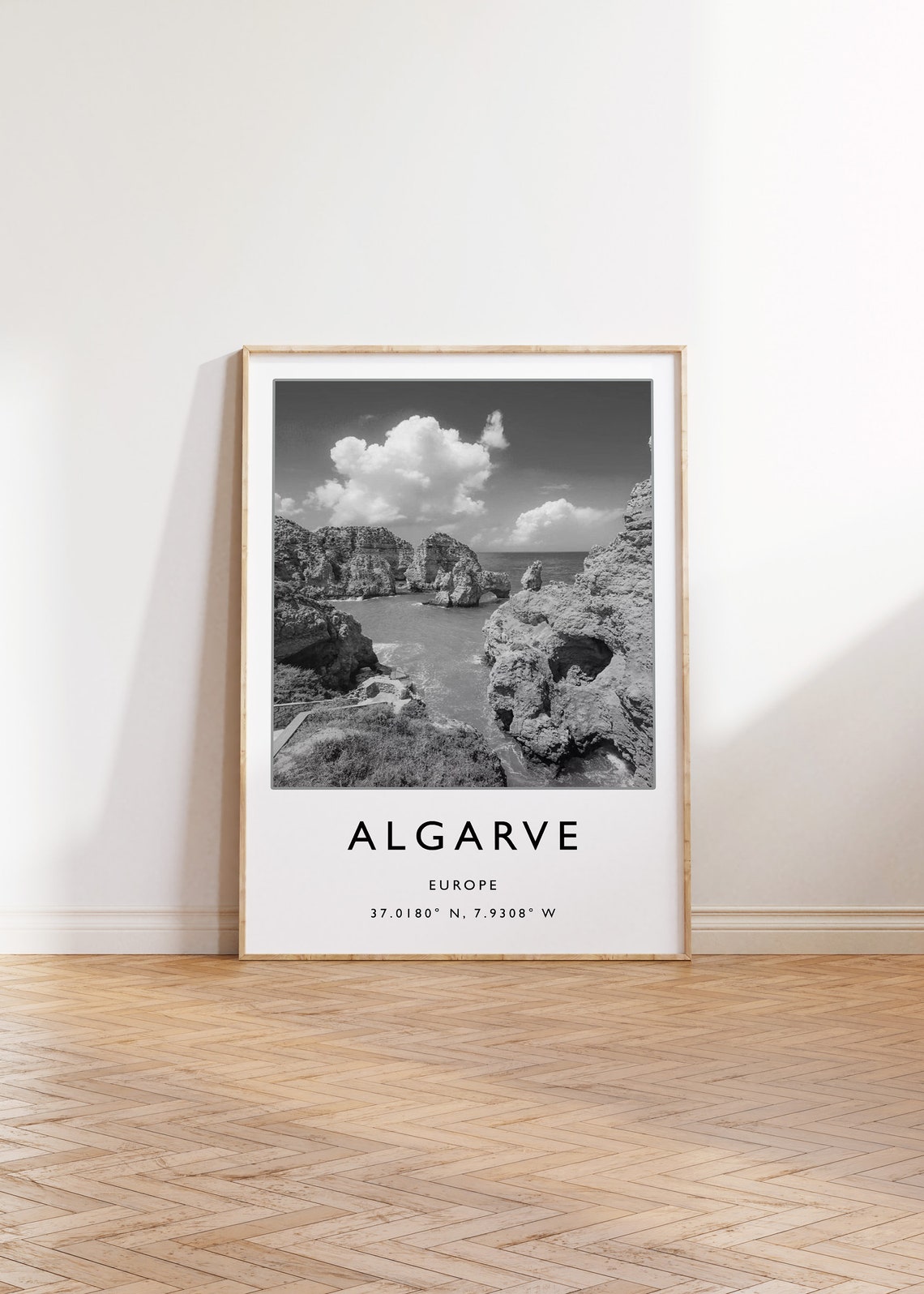 Algarve Portugal Black and White Dramatic Sea Cliffs Photo Poster - Image 2