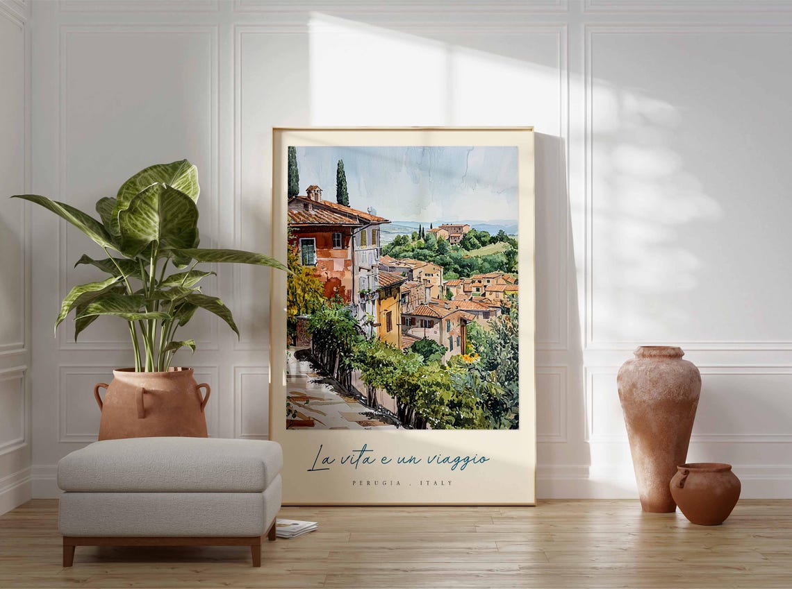 Perugia Hillside Village Vineyards Watercolor Italy Travel Poster - Image 3