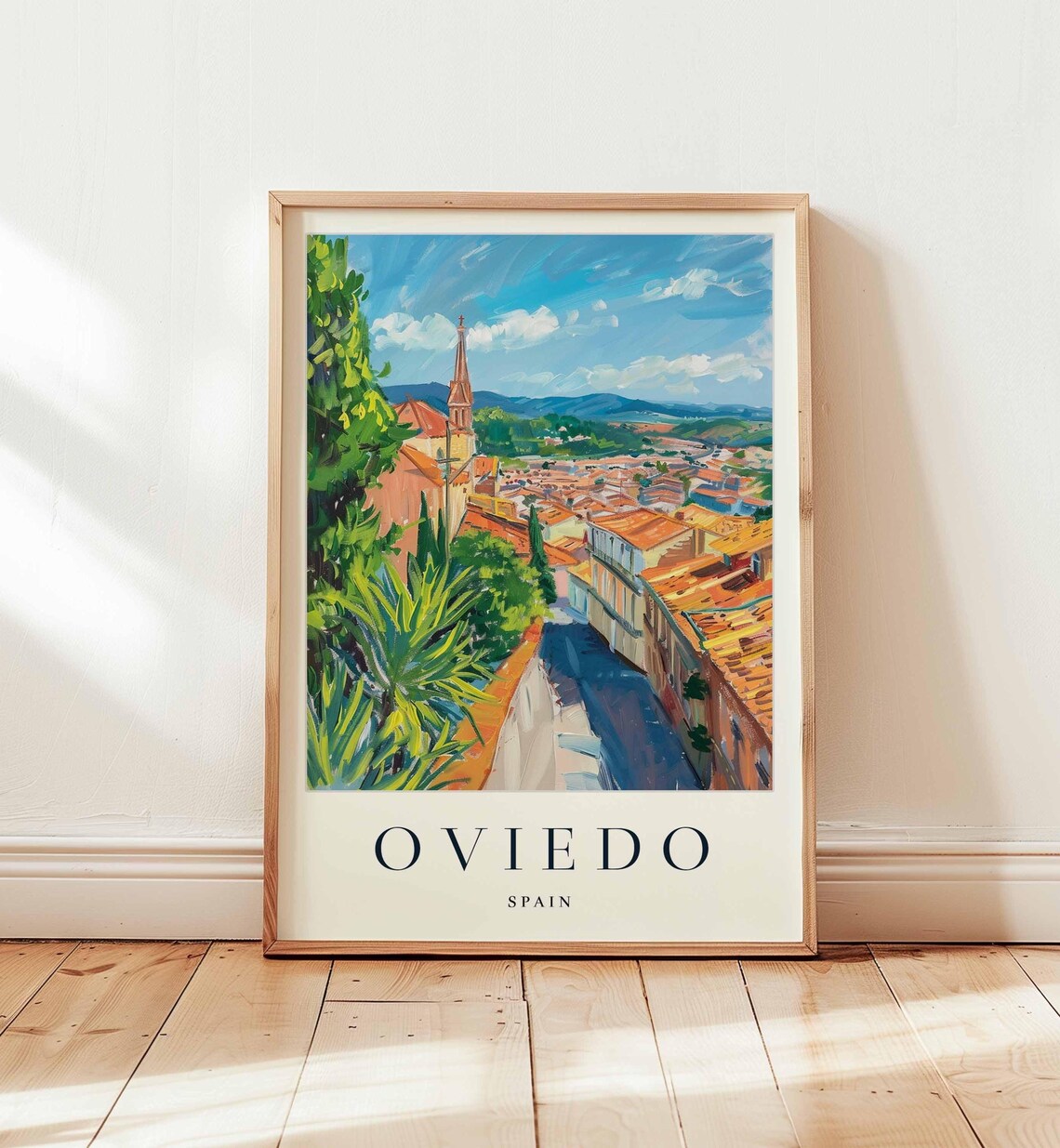 Oviedo Spain Hilltop View Church Spire Green Hills Travel Poster