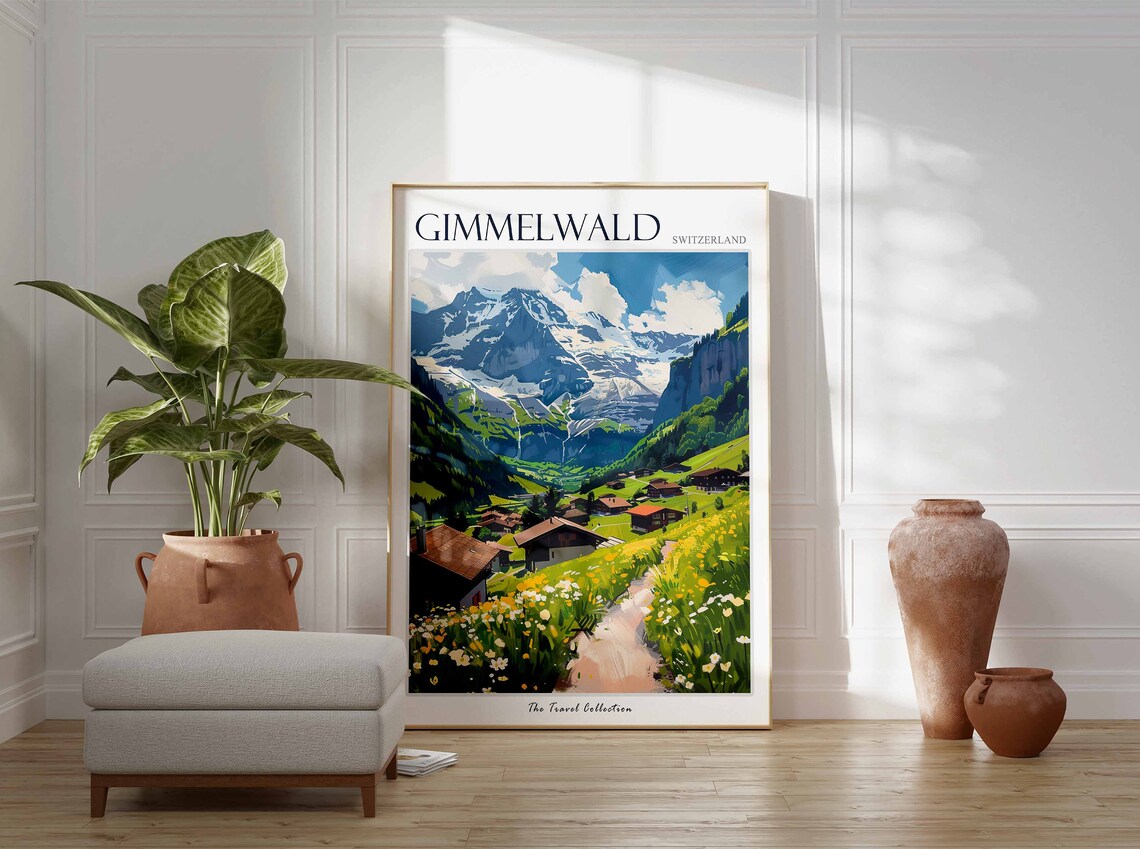 Gimmelwald Switzerland Alpine Chalets Wildflowers Meadow Poster - Image 2