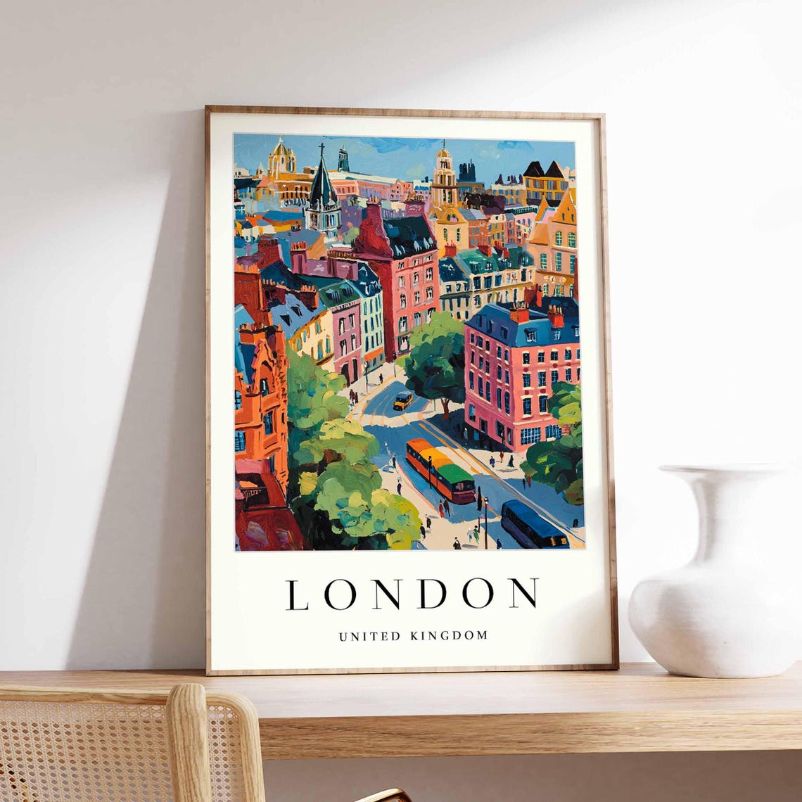 London Red Buses Busy City Street Aerial Vintage Travel Poster