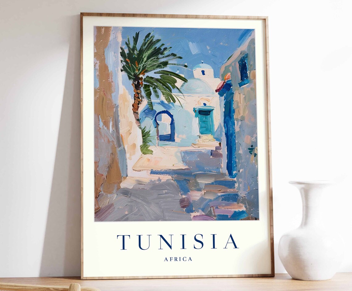Tunisia Africa Blue Old Town Alley Travel Poster Coastal Decor