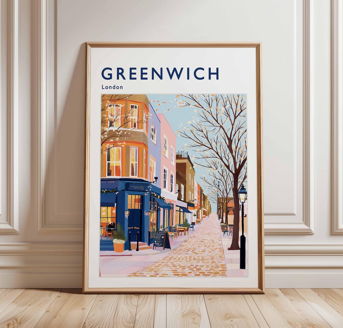 Greenwich London Cobblestone Pub Street Lamp Light Travel Poster