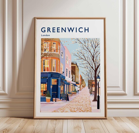 Greenwich London Cobblestone Pub Street Lamp Light Travel Poster