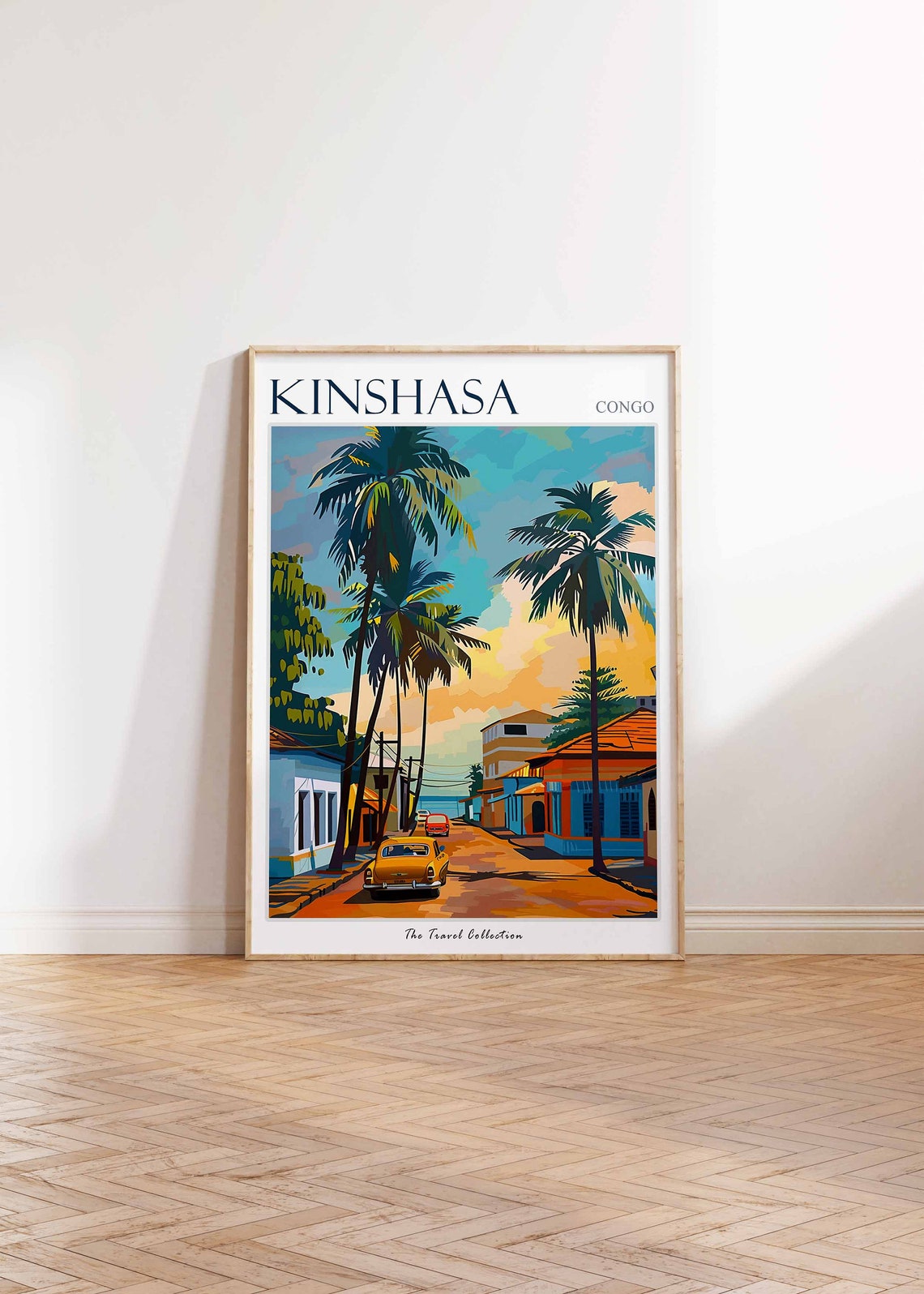 Kinshasa Congo Palm Lined Street Vintage Car Sunset Travel Poster - Image 2