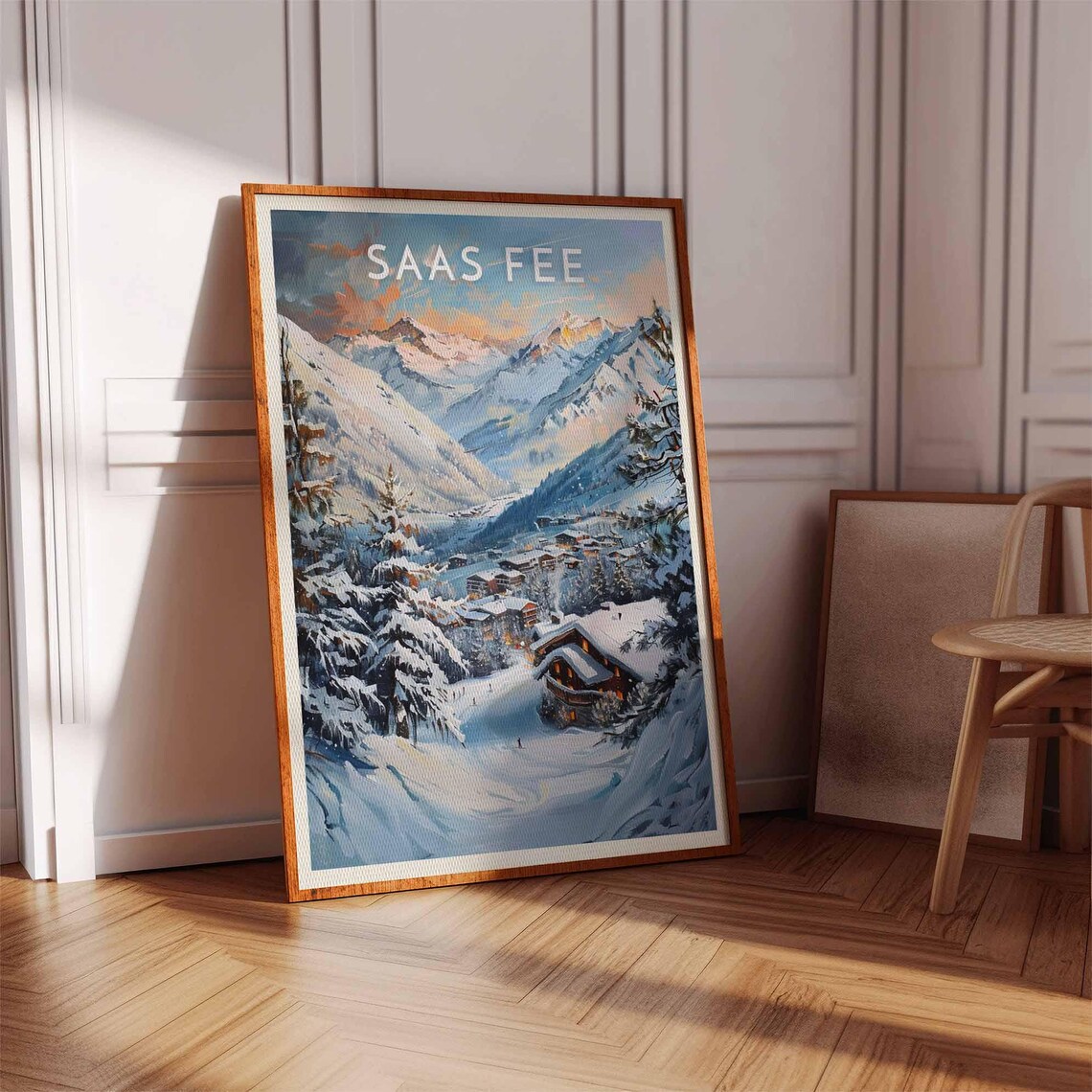 Saas Fee Switzerland Alpine Sunset Golden Light Over Village Ski Poster - Image 3