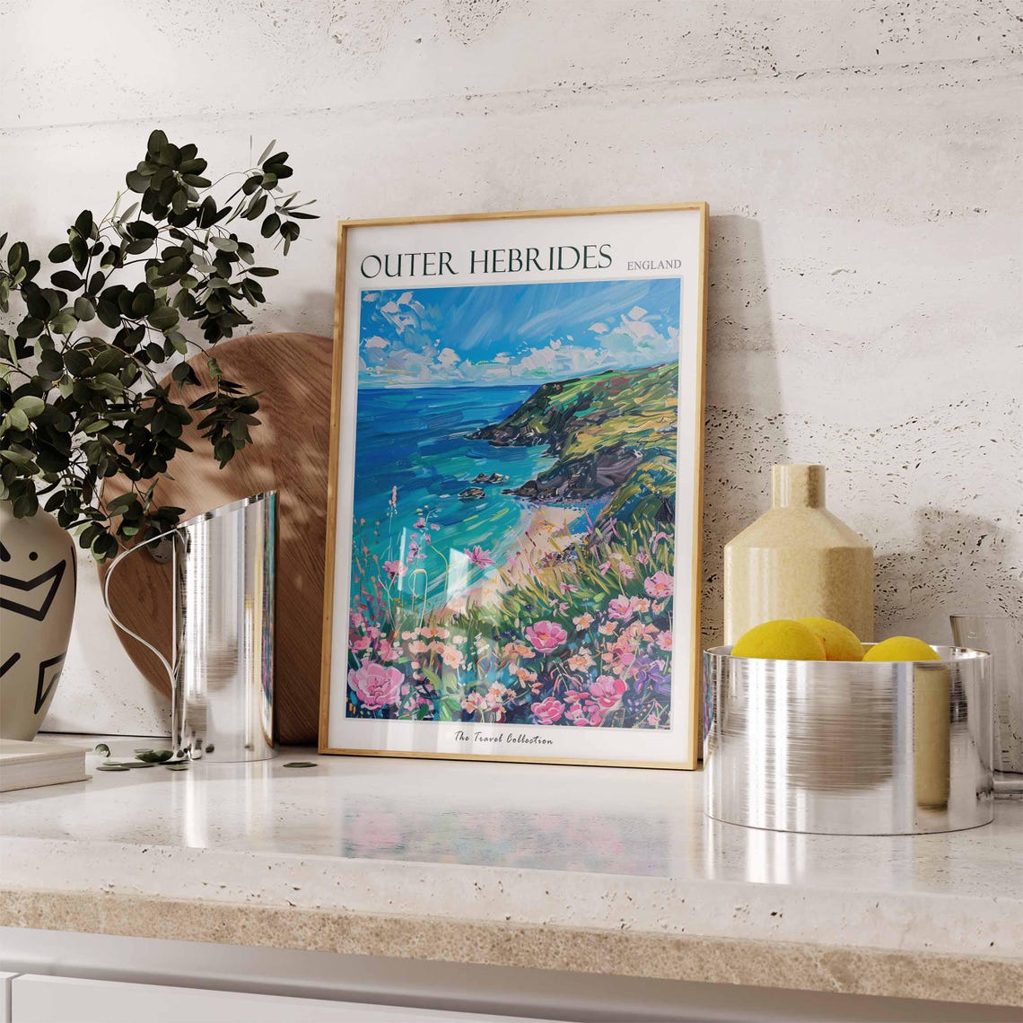 Outer Hebrides Rocky Headland Pink Wildflower Scene Travel Poster - Image 3