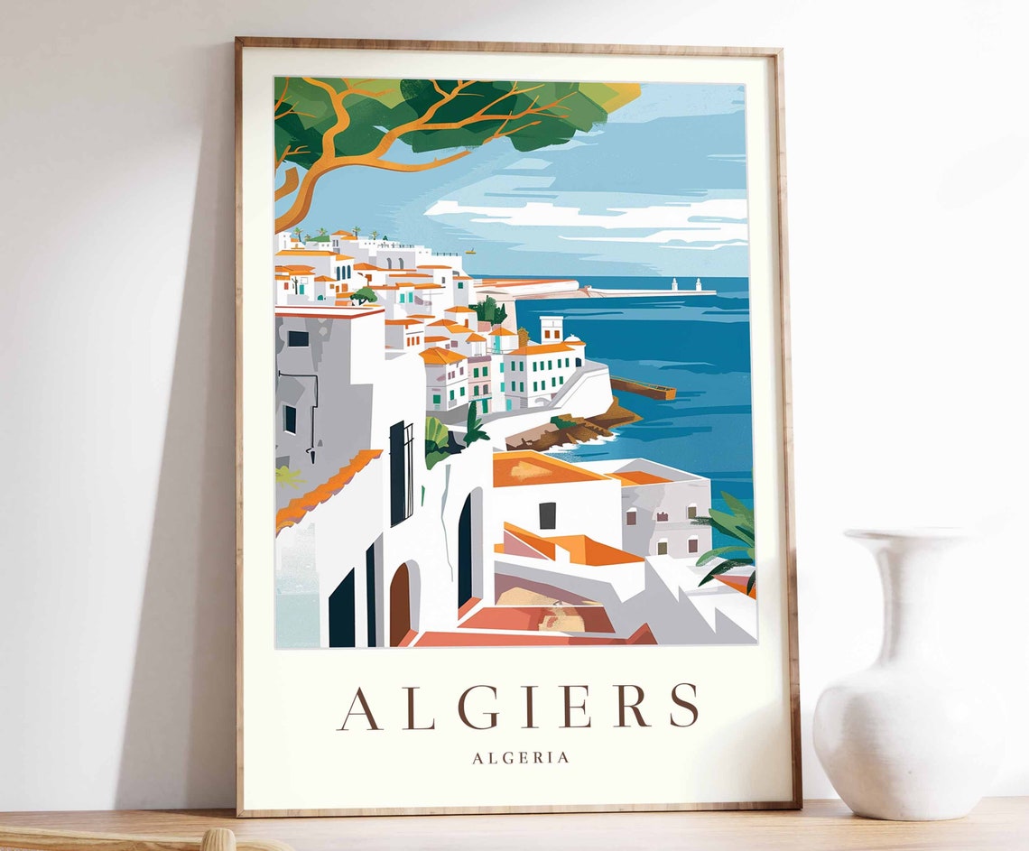Algiers Algeria Whitewashed Cliffside Town Over Blue Sea Travel Poster
