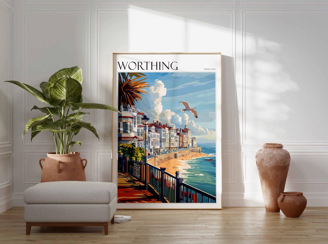 Worthing Poster Sussex Poster Uk Travel Poster Coastal Wall Art Uk Home Decor Worthing Travel Print Sussex Travel Print Worthing Art - Image 2
