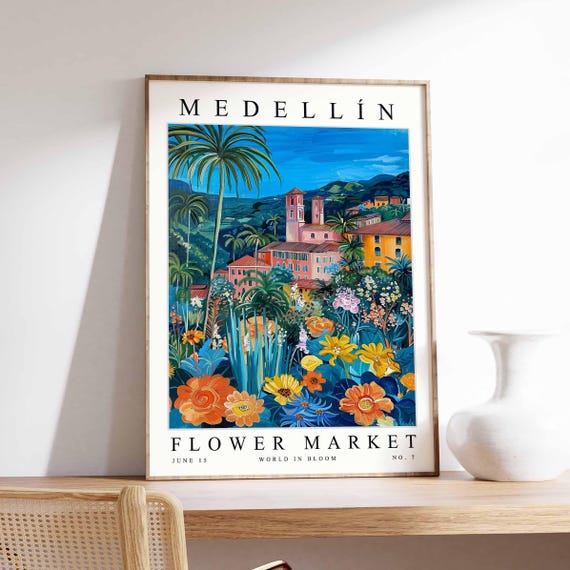 Medellin Flower Market Travel Poster, Colombian Botanical