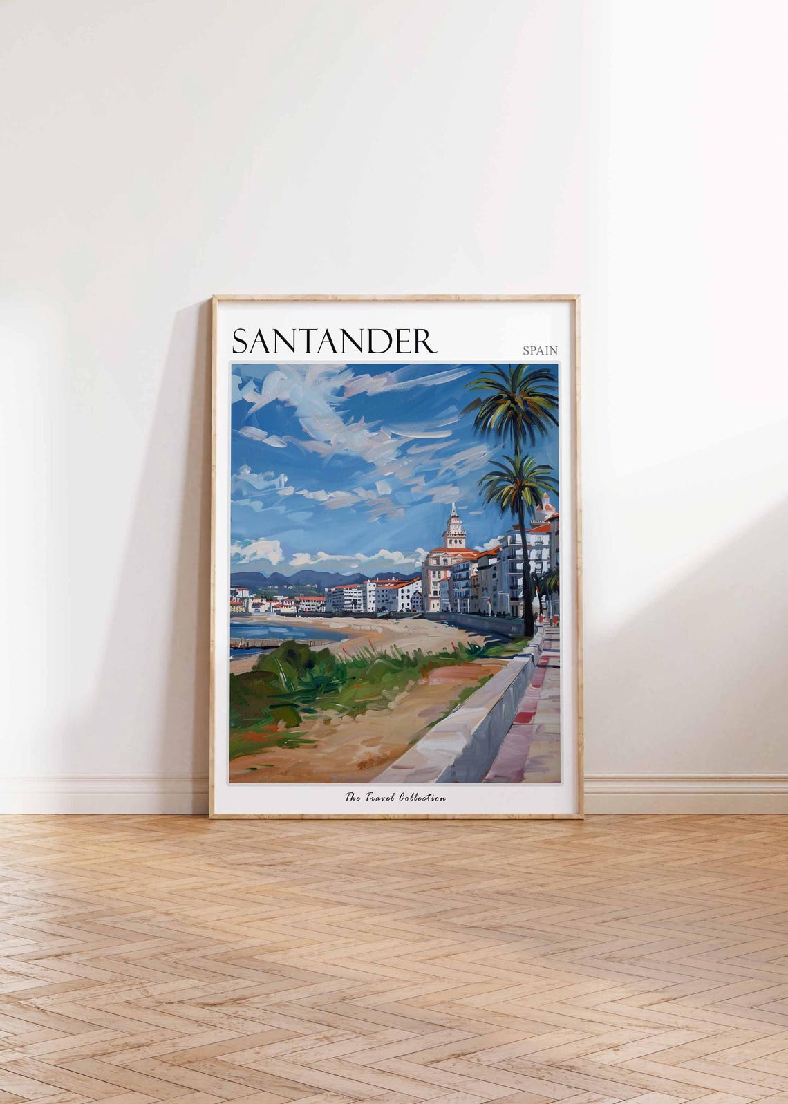 Santander Spain Beach Promenade Palms Bay View Painting Poster - Image 3