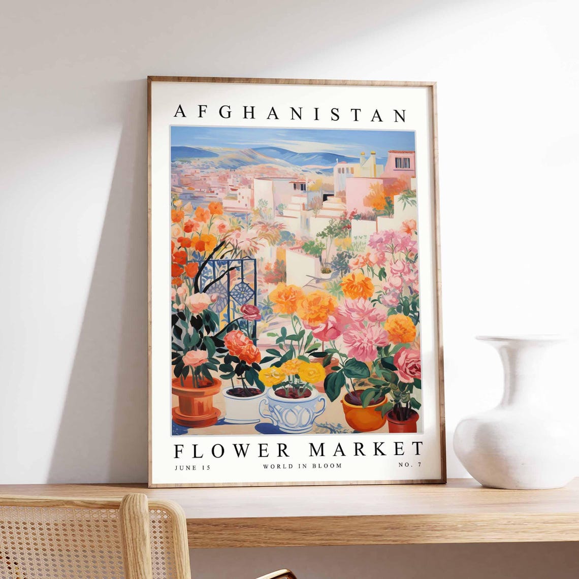 Afghanistan Flower Market Terrace Potted Roses Town View Poster