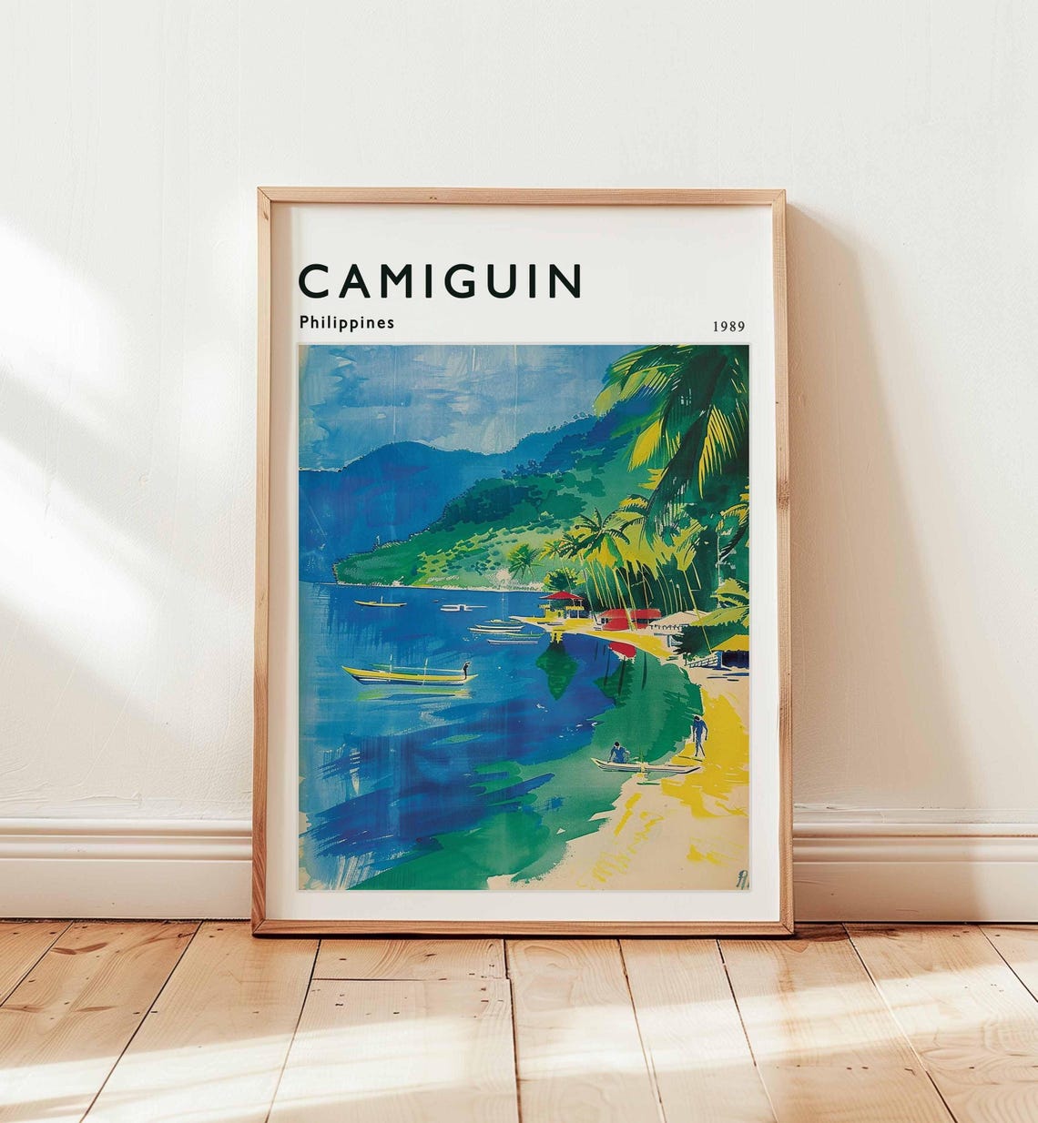 Camiguin Philippines 1989 Tropical Beach Boats Watercolor Poster