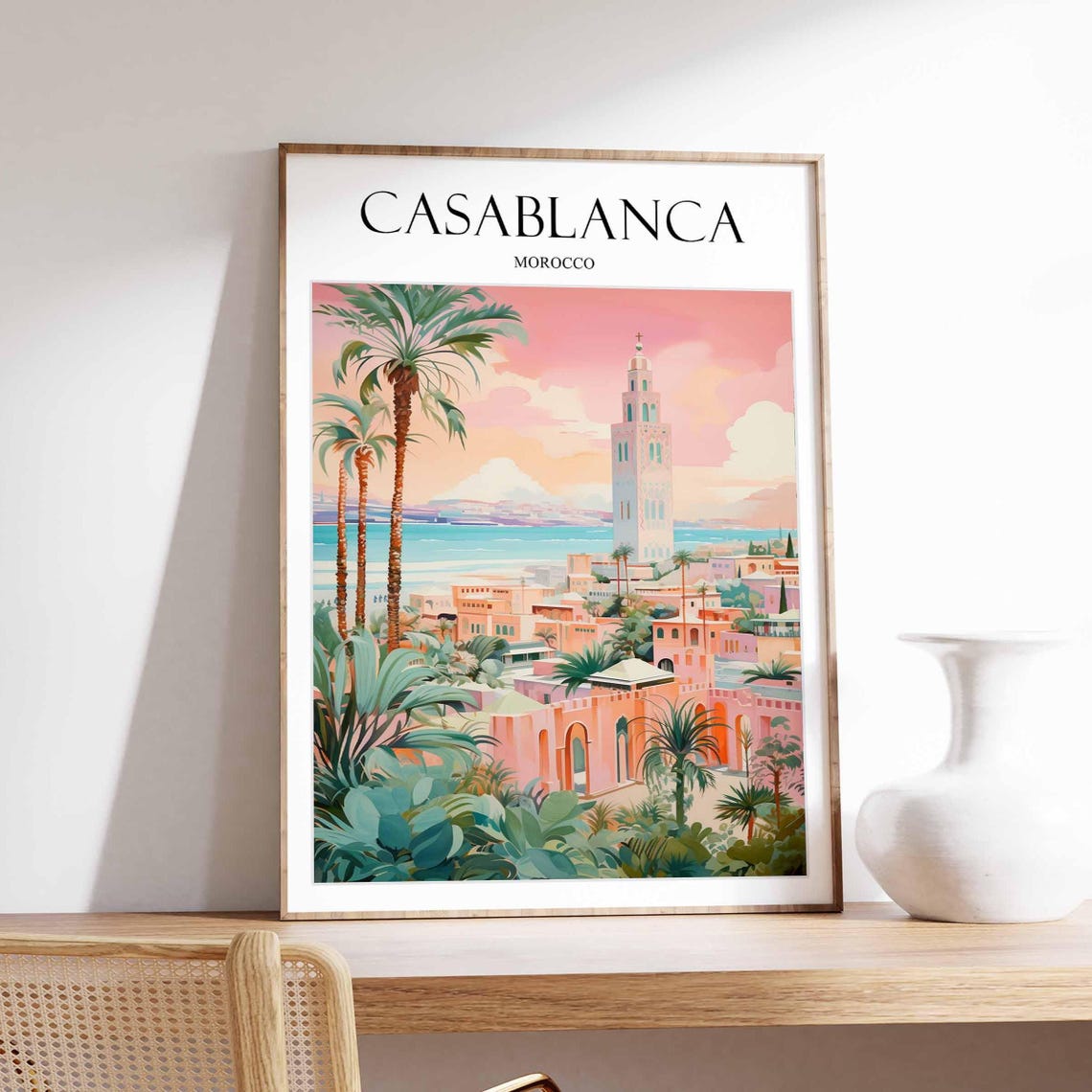 Casablanca Morocco Pastel Mosque Palm Tree Skyline Travel Poster