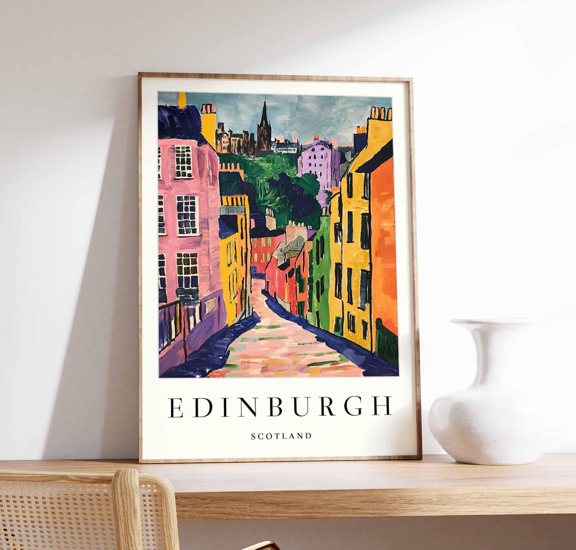 Edinburgh Colorful Victoria Street Spire Castle View Travel Poster