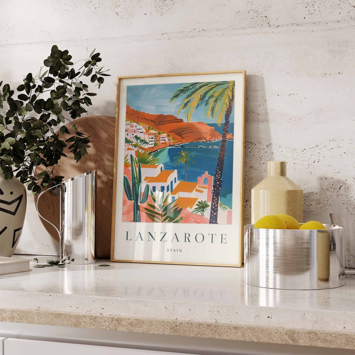 Lanzarote Spain Coastal Cliffs Palms Cactus White Town Poster - Image 3