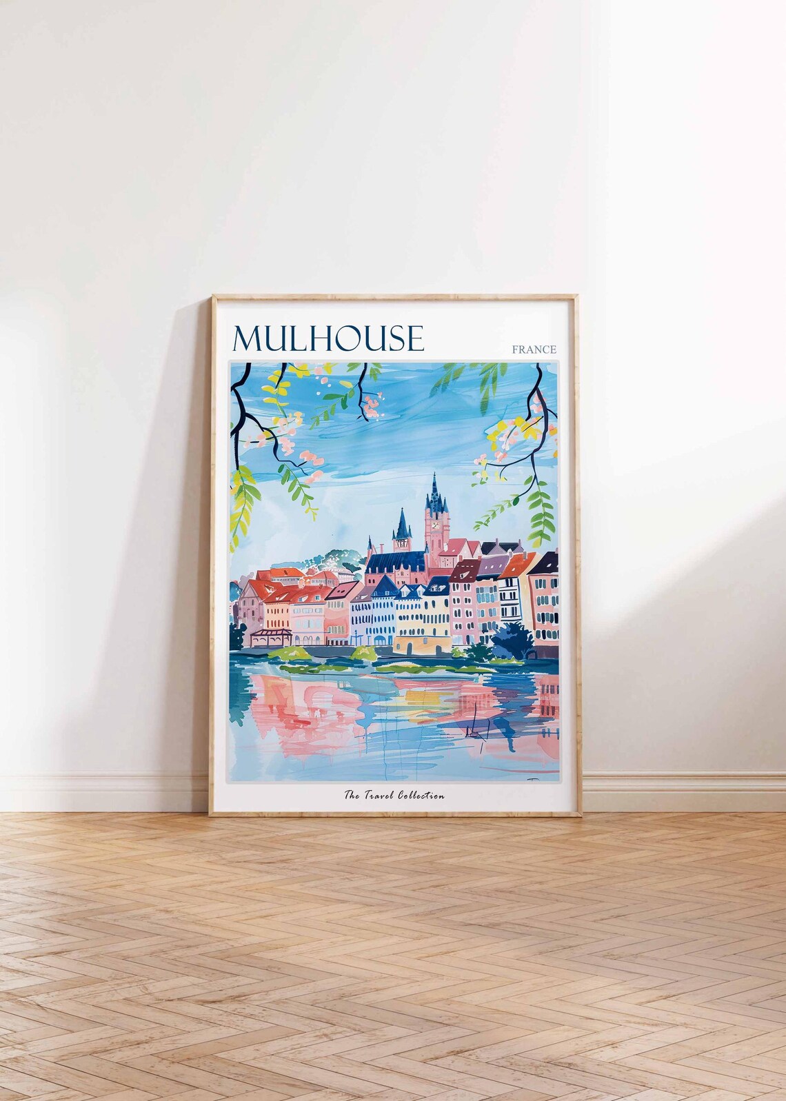 Mulhouse France Watercolor Riverside Cityscape Blossom Painted Poster - Image 2