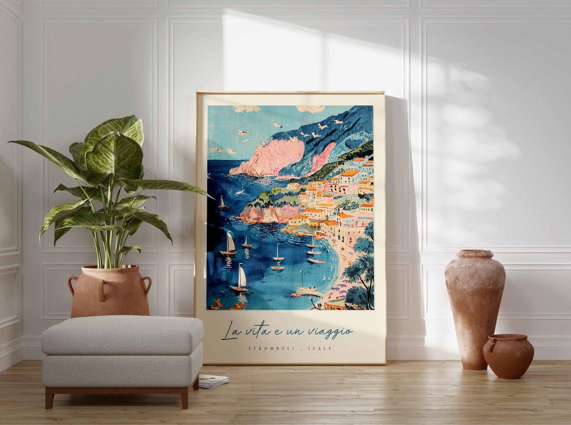 Stromboli Italy Sailboat Poster Bay With Pink Cliffs And Village - Image 3