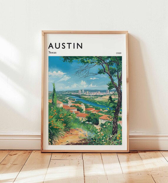 Austin Texas 1989 City Skyline River Hill Country Vintage Travel Poster